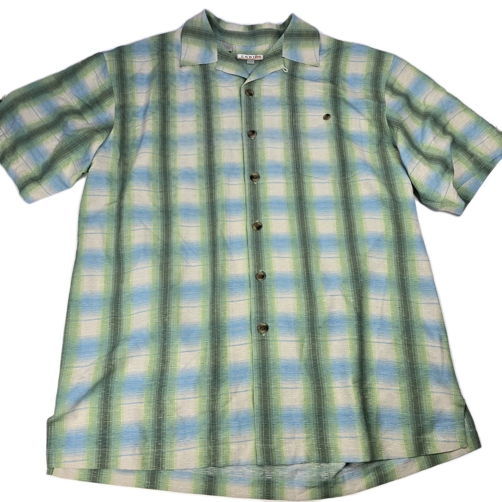 ENRO Soie Silk Shirt Mens XL Plaid Button Up Vintage 90s Green Summer Checkered